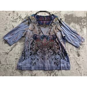 Women’s Paisley Rhinestone Embellished Blouse Size 3X 3/4 Sleeve V-Neck Y2K